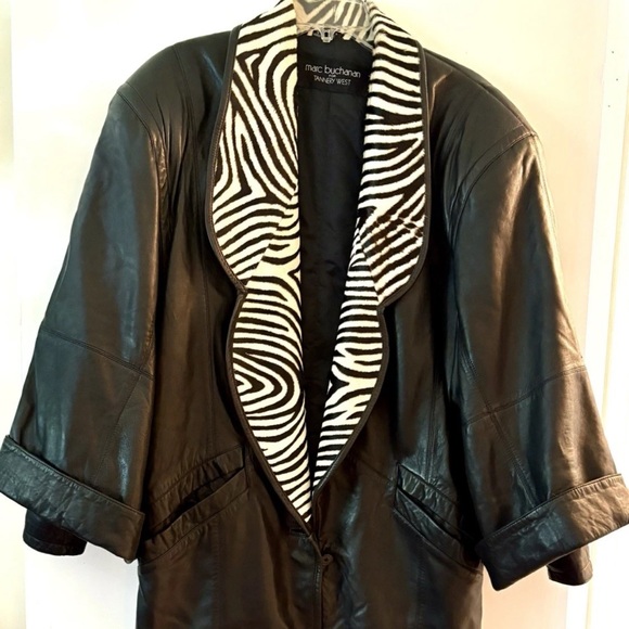 Rare Vtg 80’s Zebra trim Marc Buchanan Tannery West Black Leather Dramatic Coat - Picture 11 of 14